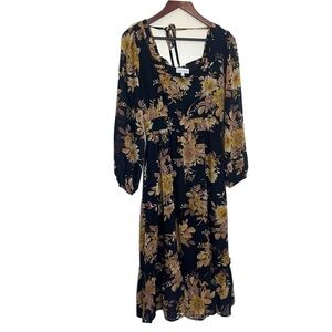 Lost + Wander Square Neck Moody Floral Midi Long Sleeve Dress